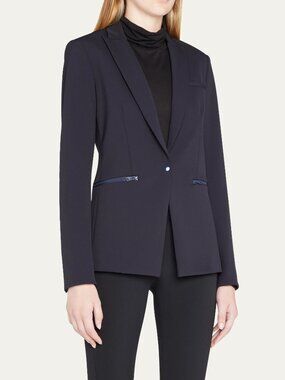 Veronica Beard Scuba Dickey Jacket Blazer Stretch Snap Zip-Pocket Navy Blue